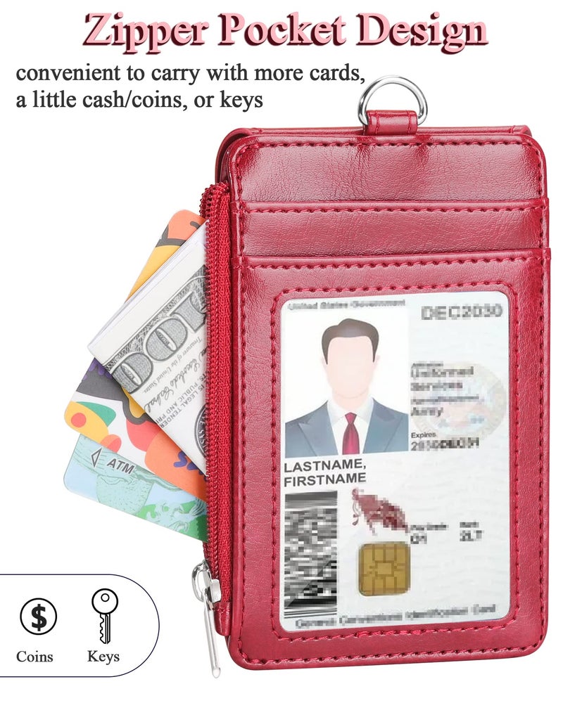 Teskyer Badge Holder with Side Zip Pocket, Multiple Card Slots Leather ID Holder Wallet with Neck Lanyard for Office Staffs, Teachers/Students, Couriers, Workers, Red - Image 4